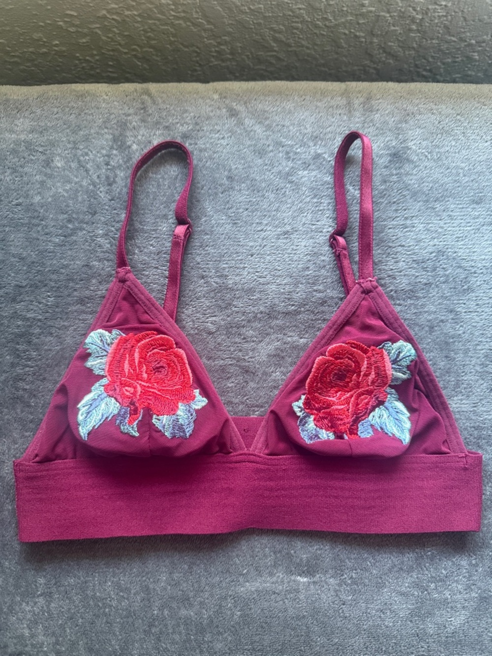 PINK Victoria's Secret Burgundy Bralette with Red Rose Embroidery